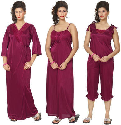 ROWENA Women Nighty with Robe(Maroon)