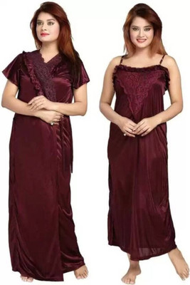 KS TRADERS Women Nighty with Robe(Maroon)