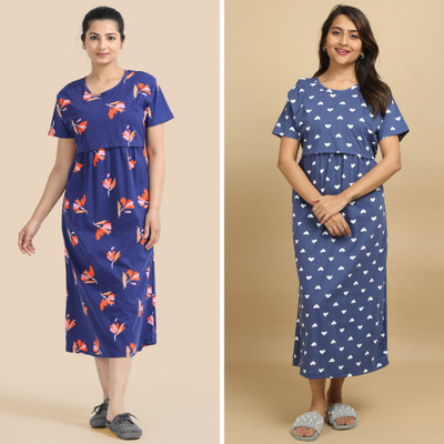 Mayaval Women Maternity/Nursing Nighty(Dark Blue, Blue)