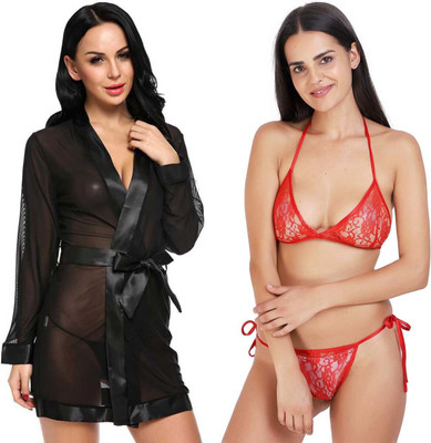 Lovie's Women Robe and Lingerie Set(Black, Red)