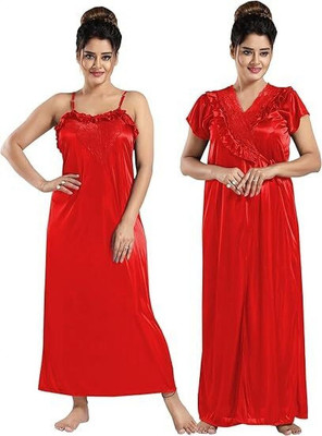 HouseOfCommon Women Nighty with Robe(Red)