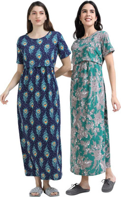 BARBET Women Maternity/Nursing Nighty(Dark Blue, Green)