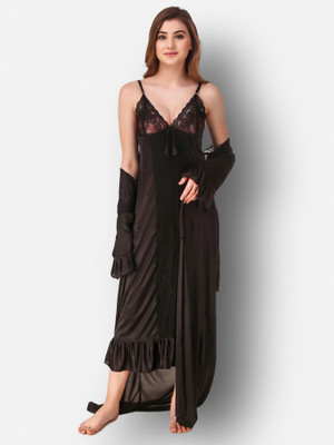 DreamBe Women Nighty with Robe(Black)