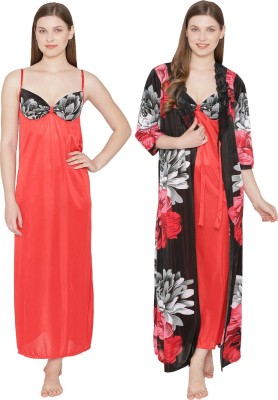 ROWENA Women Nighty with Robe(Red, Black, Grey)