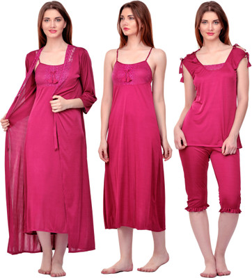 ROWENA Women Nighty with Robe(Maroon)