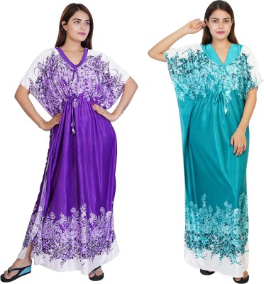 NACNO Women Nighty Set(Purple, Green)