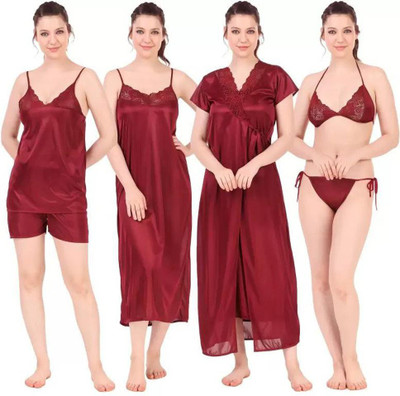 UWNAQA Women Nighty with Robe(Maroon)