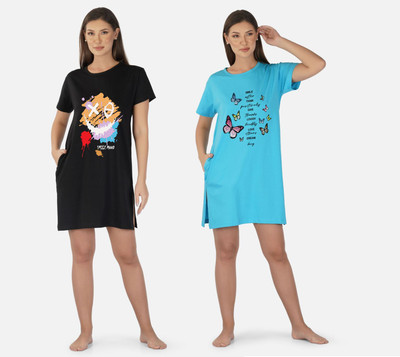 DreamBe Women Nightshirts(Black, Light Blue)