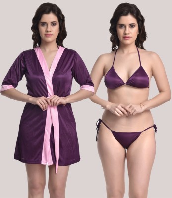 You Forever Women Robe and Lingerie Set(Purple)