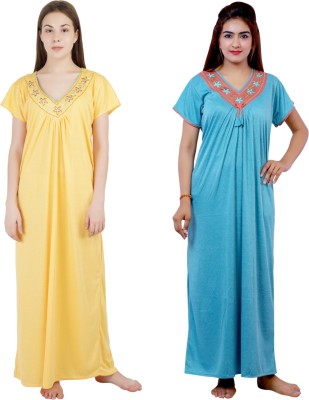 NACNO Women Nighty Set(Yellow, Blue)