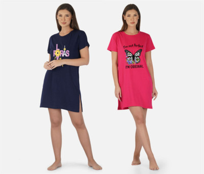 DreamBe Women Nightshirts(Dark Blue, Pink)