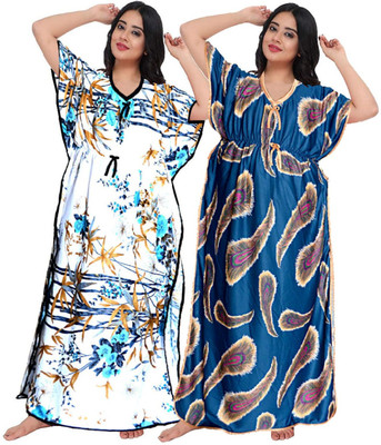 JWF Women Nighty(White, Blue)