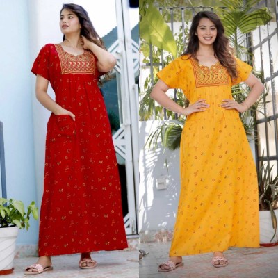 MAYA PRINT Women Nighty Set(Red, Yellow)