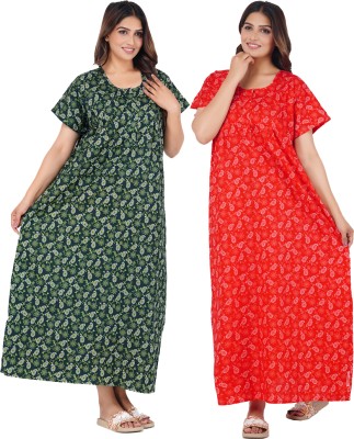 FAVNIC Women Nighty Set(Green, Red)