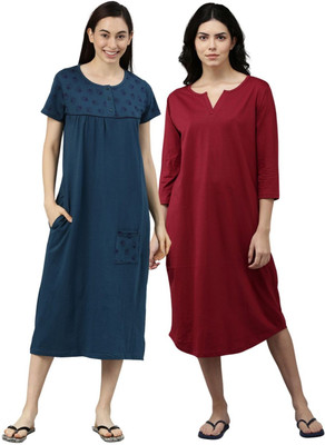 Kryptic Women Nightdress(Light Blue, Maroon)