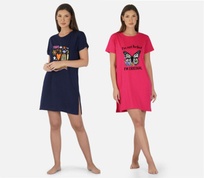 DreamBe Women Nightshirts(Dark Blue, Pink)
