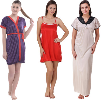 YUALIN CREATION Women Nighty Set(White)