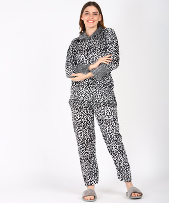 Mishko Women Animal Print White, Black Top & Pyjama Set