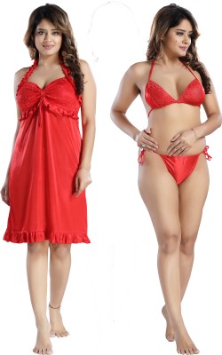 SIAMI Women Robe and Lingerie Set(Red)