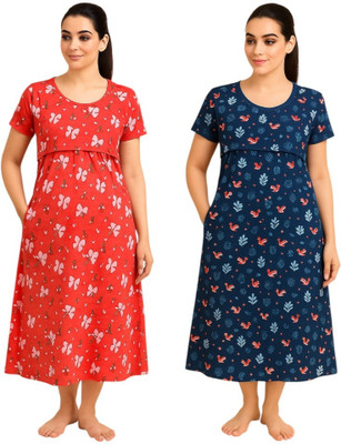 sahana Women Maternity/Nursing Nighty(Red, Dark Blue)