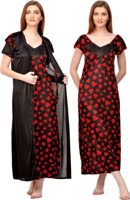 PHALIN Women Nighty with Robe(Maroon, Black)