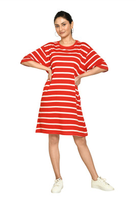altius Women A-line Red, White Midi/Calf Length Dress
