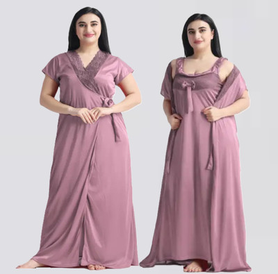BROOFEE Women Nighty with Robe(Pink)