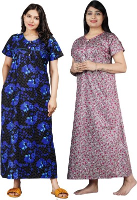 FAVNIC Women Nighty Set(Dark Blue, Grey)