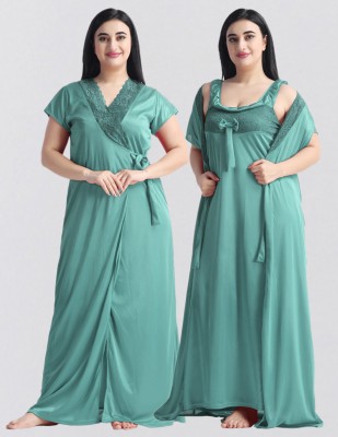 NIGHT KEYS Women Nighty with Robe(Green)