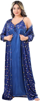 ZAIRRA Women Nighty with Robe(Dark Blue)