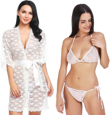 Lovie's Accessories Women Robe and Lingerie Set(White, White)