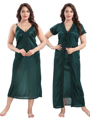SHLOKE Women Nighty with Robe(Green)