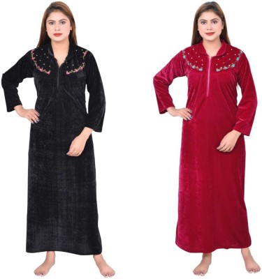 L r textiles Women Nighty with Robe(Black, Maroon)