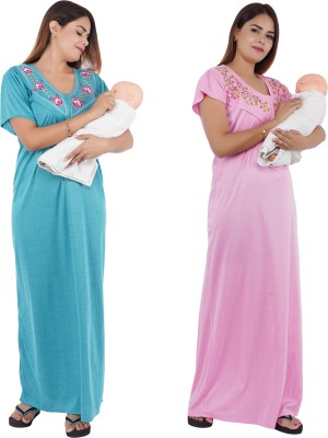 Asaaskm Women Maternity/Nursing Nighty(Green, Pink)