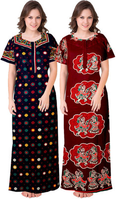 Savicreation Women Nighty Set(Blue, Maroon)