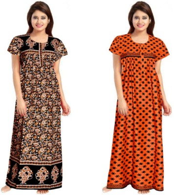 PMK FASHION Women Nighty Set(Orange, Brown)