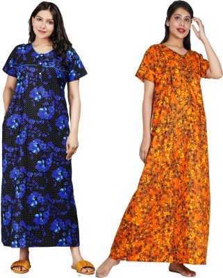 FAVNIC Women Nighty Set(Dark Blue, Orange)