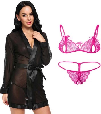 Fashion Count Women Robe and Lingerie Set(Black, Pink)