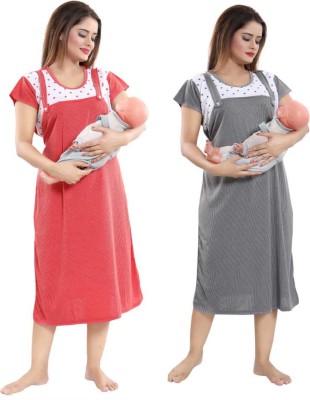 Eladystore Women Nighty Set(Red, Grey)