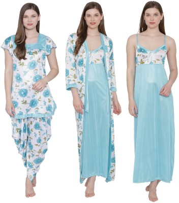 Boosah Women Nighty Set(Light Blue, White, Light Green)