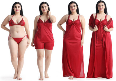 FusionVilla Women Nighty Set(Maroon)