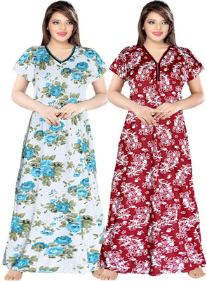 PINK CITY MART Women Nighty(White, Maroon)