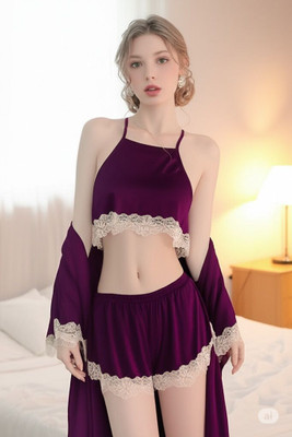 Fashonic Women Nighty with Robe(Purple)
