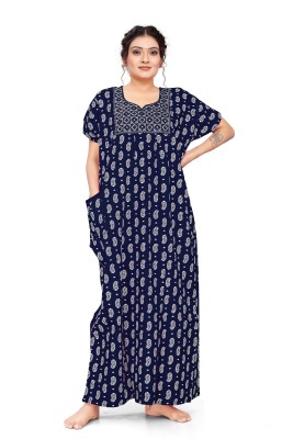 HAUTELOOK Women Nighty(Dark Blue, White)