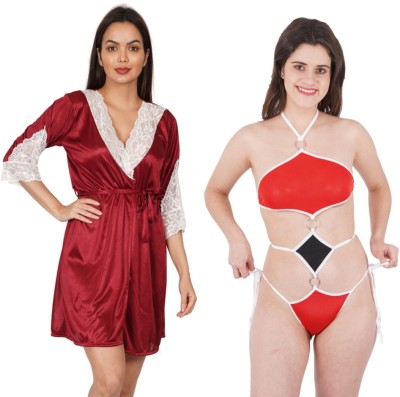 Atihsi Women Robe and Lingerie Set(Maroon)