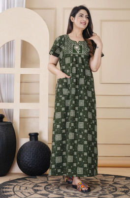 Toorvi Women Nighty(Green, Beige)