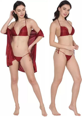 GOODNIGHT GLAM Women Robe and Lingerie Set(Maroon)