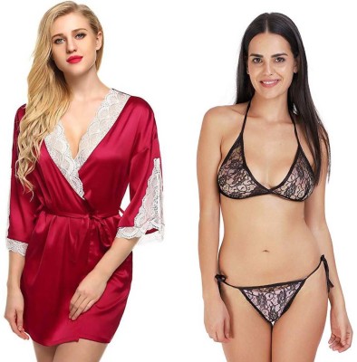 Lovie's Women Robe and Lingerie Set(Maroon, Black, White)