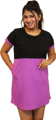 pinkshell Colorblock Women Round Neck Purple T-Shirt