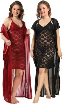 zulovia Women Nighty with Robe(Maroon)